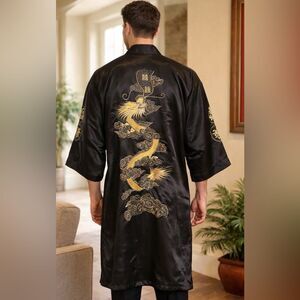 Black Embroidered Satin Unisex  Kimono